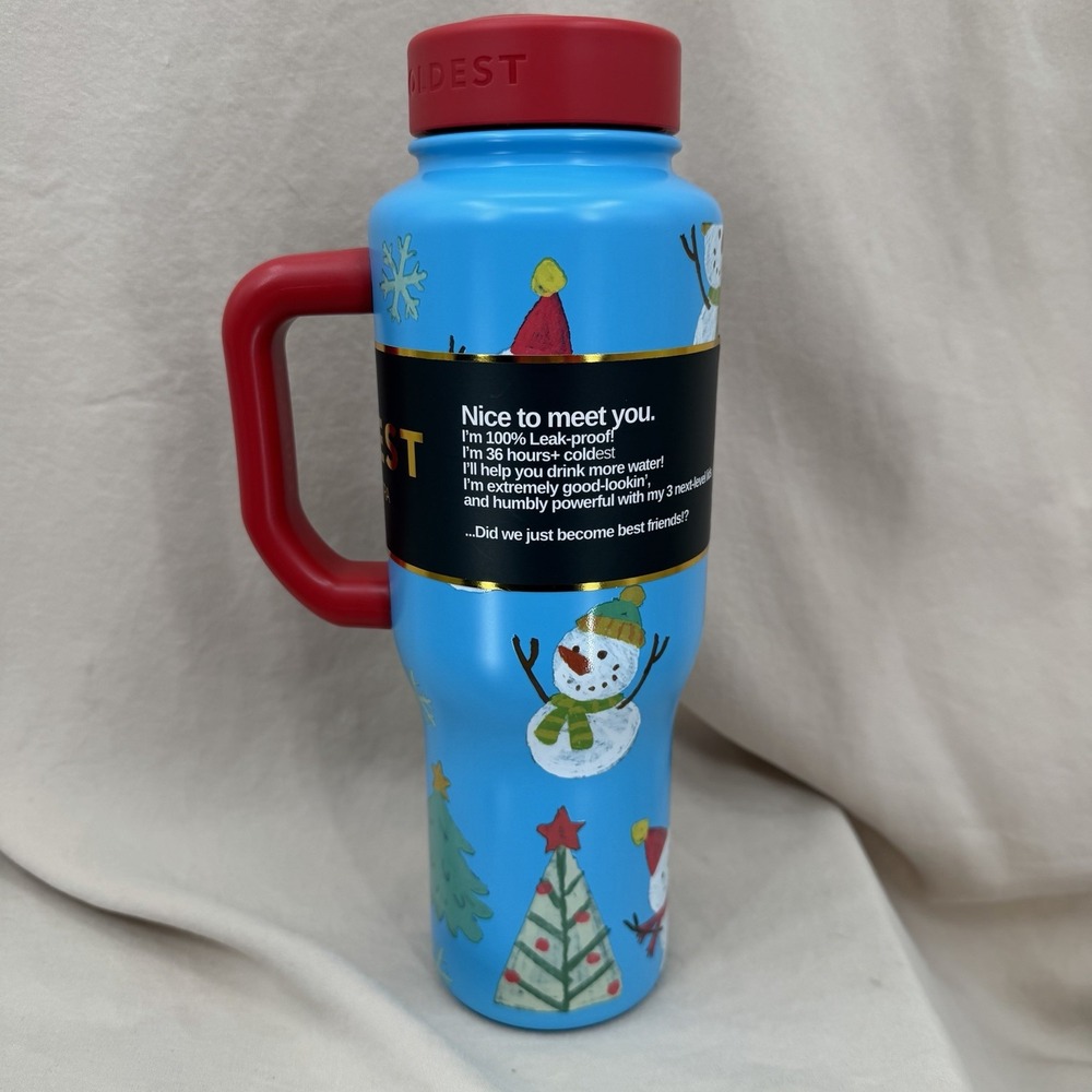 Coldest Limitless Ultra Bottle Mr. Snowie‎ 36 oz Tumbler Blue Red Winter 3 Lids - Picture 7 of 8